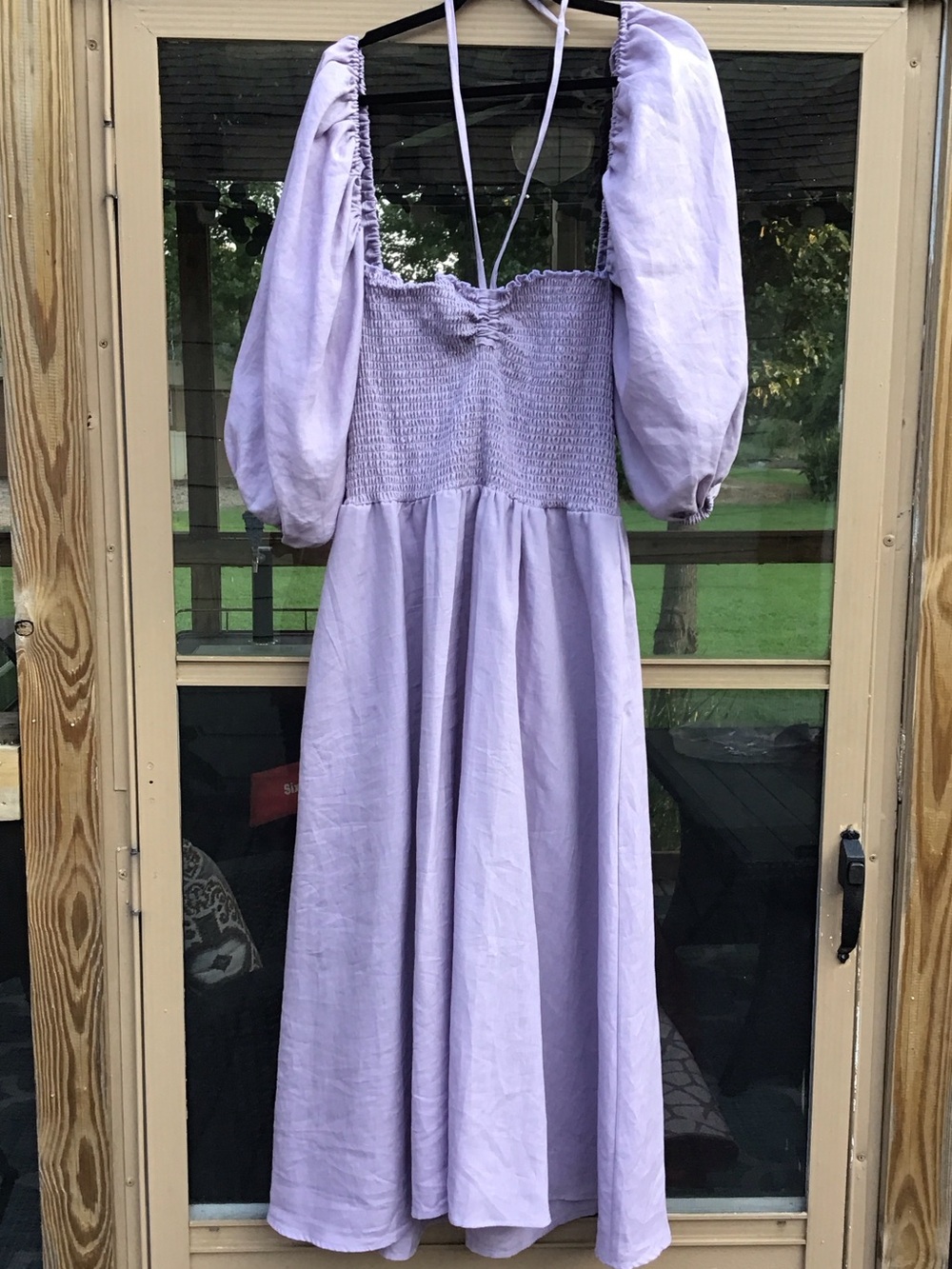 BAACAL 100% Linen Lavender Smocked Colette Dress with Puff Sleeves & Side Pocket